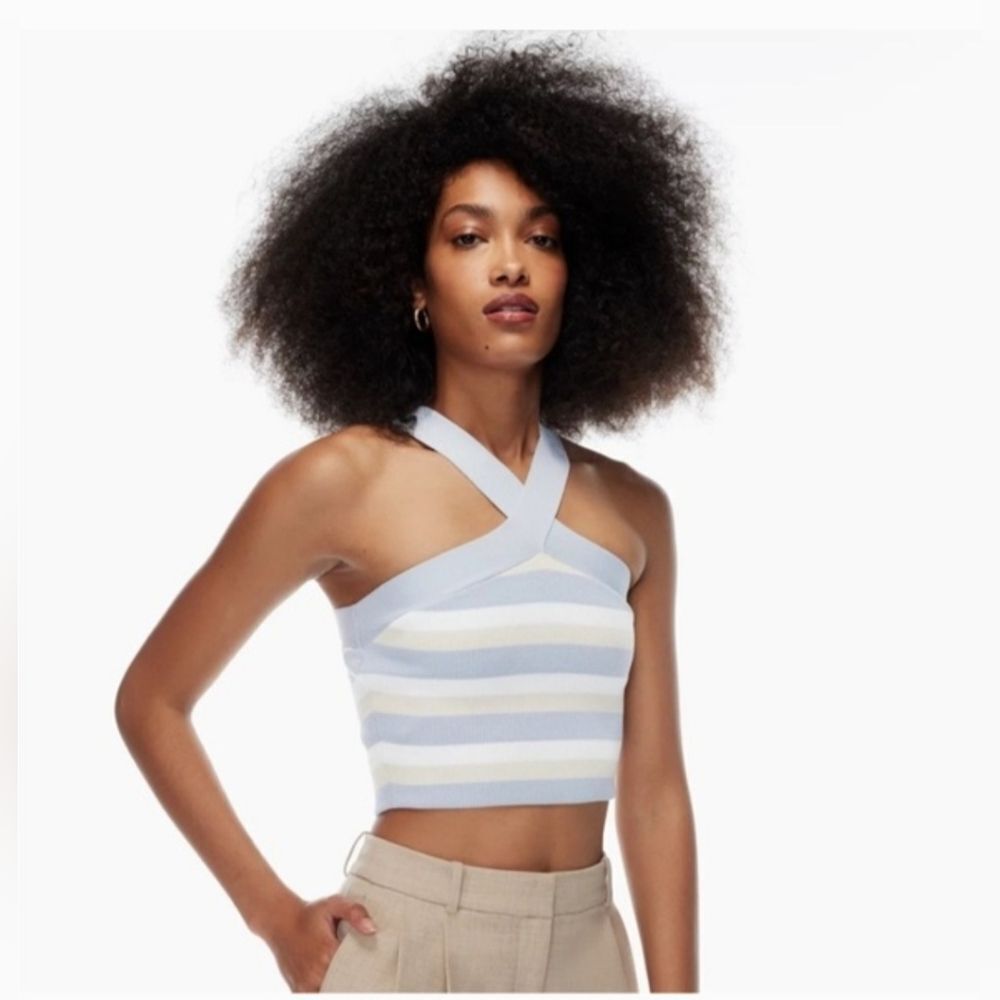 Aritzia Babaton Sculpt Knit Criss Cross Cropped Tank Birch/ Cement Blue S